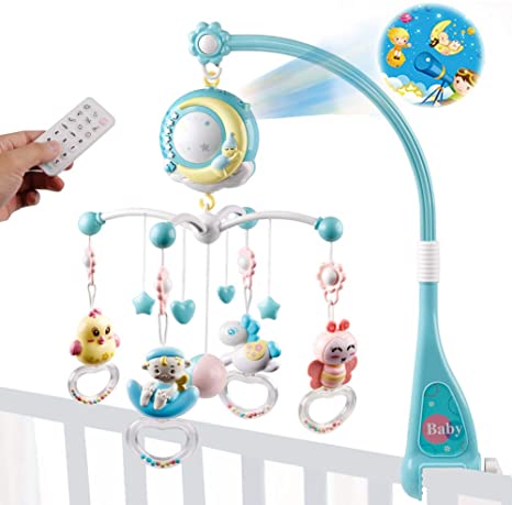 Mini Tudou Baby Musical Crib Mobile with Projection Function and Night Light,Hanging Rotating Teether Rattle and 150 Melodies Music Box with Remote Control,Toy for Newborn 0-24 Months