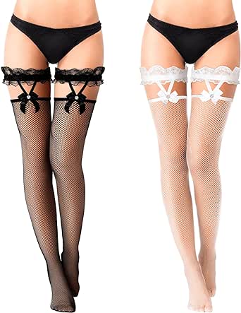 2 Pairs Lace Top Fishnet Stockings Bow Suspenders Thigh High Stockings Mesh Hold up Stockings for Women