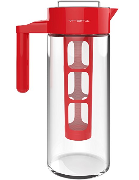 Vremi Cold Brew Iced Coffee Maker and Tea Infuser - 32 Ounce 1 Quart Glass Carafe Pitcher Airtight Lid and Spout - BPA Free Reusable Mesh Filter for Ground Coffee Loose Tea - Dishwasher Safe - Red
