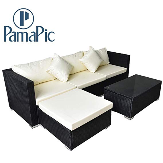 Pamapic Outdoor 5 Pieces Patio Furniture Sets【Chaise Longue】 Wicker Rattan Conversation Set with Tempered Glass Coffee Table