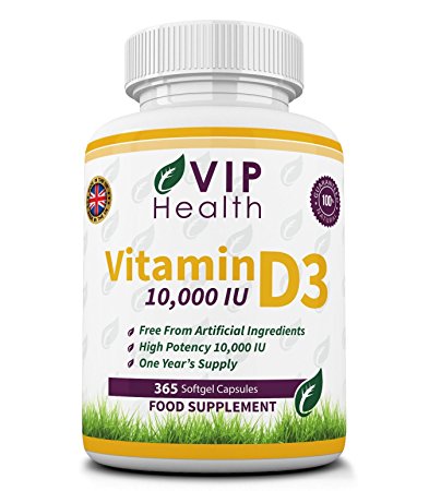 Vitamin D3 10,000 IU 365 Softgels (Full Year Supply) by VIP Health - High Strength Vitamin D the 'Sunshine Vitamin' 10,000IU D-3
