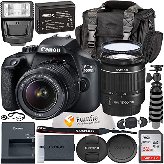 Canon EOS 4000D w/EF-S 18-55mm f/3.5-5.6 III Lens with Professional Accessory Bundle - Includes: Spare LPE10 Battery, Slave Flash, Large Gadget Bag with Dual Buckles & Much More