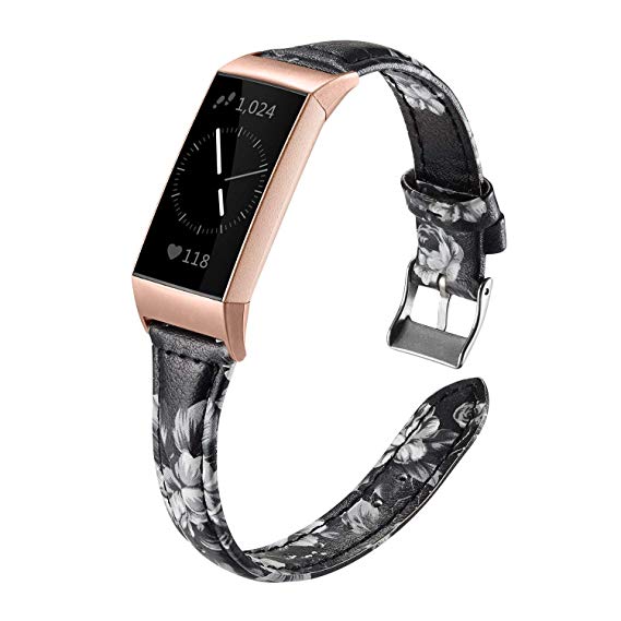 Shangpule Bands Compatible Fitbit Charge 3 for Women, Slim Premium Leather Band Flower Design Replacement Strap Accessories for Charge3 Large Small (White Flower with Rose Gold connectors)