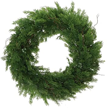 Floral Home 22"" Deluxe Juniper Wreath, Real Touch Cedar, Indoor & Outdoor Approved, Front Door Christmas Wreath, Twigs & Berries Come Attached, Green