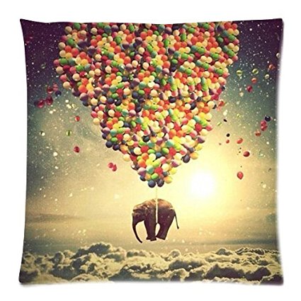 Custom Cotton & Polyester Soft Square Zippered Cushion Throw Case Pillow Case Cover 18X18 (Twin Sides) - Cute Animal Elephant Color Balloon Galaxy Nebula Sunshine Spot Background Lovely Pillowcase