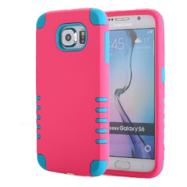 Galaxy S6 Case, Pandawell™ 3-piece 3 in 1 Combo Hybrid Defender High Impact Body Armor Hard PC & Silicone Rubber Case Protective Cover for Samsung Galaxy S6 G920 with Screen Protector & Stylus (3 piece-Hot Pink/Blue)