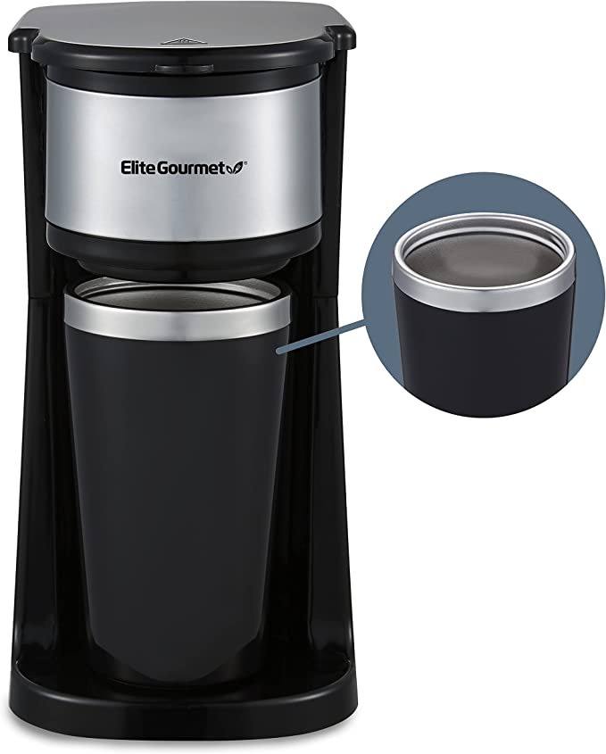 Elite Gourmet EHC112 Personal Single-Serve Compact Coffee Maker Brewer Includes 14 Oz. Stainless Steel Interior Thermal Travel Mug, Compatible with Coffee Grounds, Reusable Filter