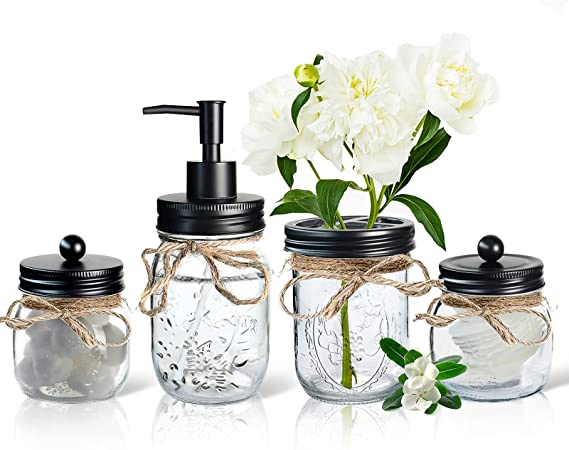 Topsky Premium Mason Jar Bottles Bathroom Accessories Set of 4 - Lotion Soap Dispenser,Toothbrush Holder(3 Slots), 2 Apothecary Jars - Rustic Farmhouse Decor, Countertop Vanity Organize Storage - Black