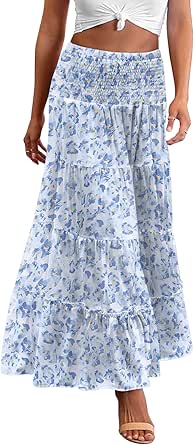 Zeagoo Women's Long Maxi Skirts Tiered Elastic High Waist Boho Double Layered Print A-Line Casual Midi Dress