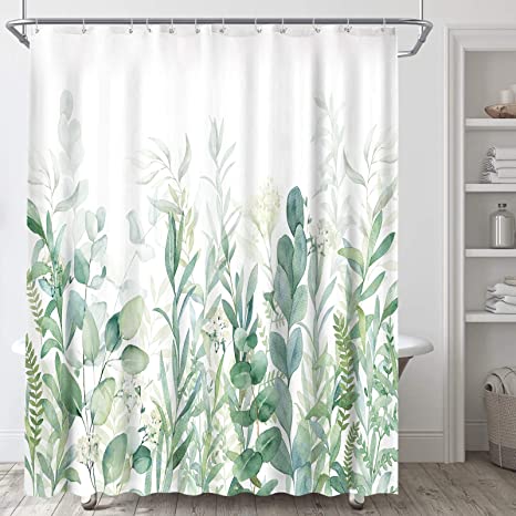 Green Floral Shower Curtain, Waterproof Fabric Watercolor Green and White Eucalyptus Plant Leaves Bathroom Shower Curtains Set with 12 Plastic Hooks, Weighted Hem, Durable, Washable