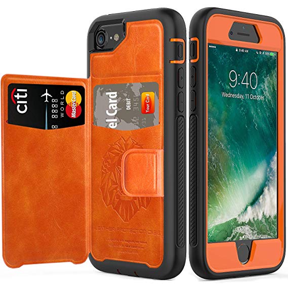 iPhone 7 Case,iPhone 8 Card Case,iPhone 6 Wallet Case Only Comfortably Hold 2 Cards.Full-Body Heavy Duty Shockproof Protective Kickstand Leather Phone Case for Apple iPhone 6/7/8 4.7 Inch-Black Orange