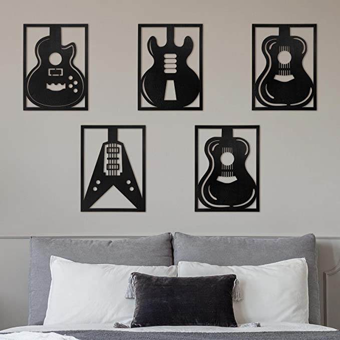 5 Pcs Wooden Music Wall Art Decor Modern Guitar Wall Decor Hollow Music Wall Decor Musical Room Decor Black Music Decorations for Home Living Room Bedroom Bathroom Decoration Gifts, 11 x 8 Inches