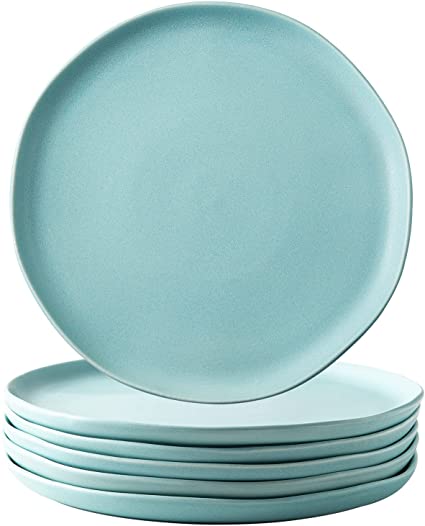 AmorArc Porcelain Dinner Plates Set of 6, Wavy Rim 10.5 Inch Ceramic Dish Set, Large Serving Dishes for Kitchen-Microwave&Dishwasher Safe, Scratch Resistant-Reactive Glaze Finish Matt Turquoise