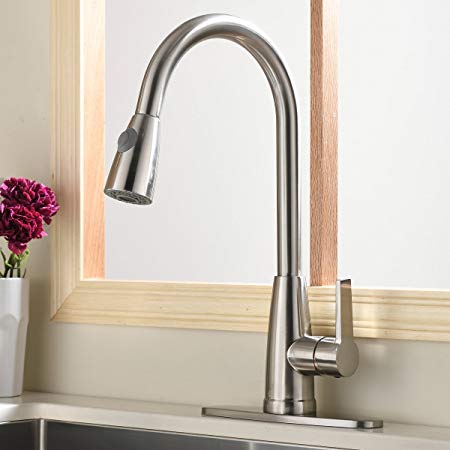 SHACO Stainless Steel Single Handle Pull Down Kitchen Faucet, Brushed Nickel Pull Out Kitchen Sink Faucet With Deck Plate