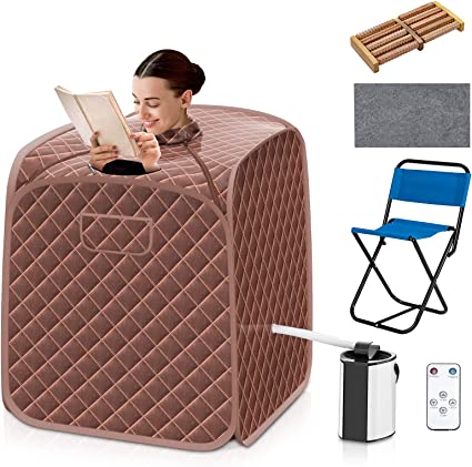 COSTWAY Portable Steam Sauna, 3L Foldable Sauna Spa with Remote Control, 9-Gear Temperature and Timer, Atomization Function, Personal Sauna Tent for Weight Loss, Detox Relaxation at Home (Coffee)