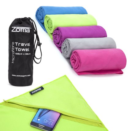 Microfibre Towel with Handy ZIPPER POUCH Holds Keys or Phone. Perfect for Travel, Workouts, Beach, or Camping! Take to the Gym, Pool, Yoga, Pilates, etc. Lightweight, Absorbent, and Dries FAST! 100% Money-Back Guarantee of Satisfaction!