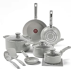 T-fal Refresh Ceramic Ceramic Non Stick Cookware Set 12 Piece, Oven Broiler Safe 350F, Cookware, Kitchen Cooking Set w/Fry Pans, Saucepans & Kitchen Utensils, Pots and Pans Set Nonstick, Moon Gray