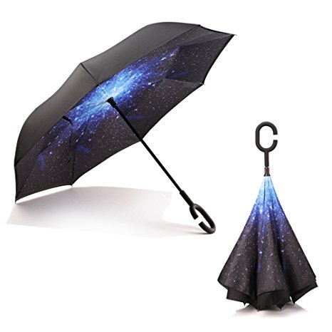 Habiter Inverted Umbrella Double Layer Windproof UV protection Cars Reverse Umbrella for Car Rain Outdoor with C-shaped Hands Free Handle