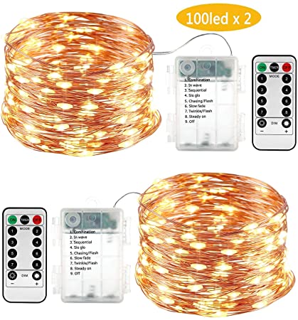 Lyhope 2 Pack Fairy Lights, Battery Operated Waterproof 8 Modes with Remote Control 33ft 100 Led Copper String Lights for Outdoor & Indoor, Decoration (Warm White)