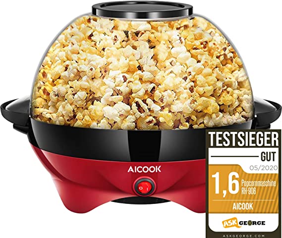 Popcorn Maker, 5L/24-Cup 800W Fast Quiet Popcorn Maker Machine, Electric Hot Oil Butter Popcorn Popper with Stirring Rod, Non-stick Plate, Dishwasher Safe, Red [Energy Class A   ]