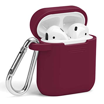 AirPods Case, GMYLE Silicone Protective Shockproof Wireless Charging Airpods Earbuds Case Cover Skin with Keychain Accessory kit Set Compatible for Apple AirPods 1 & 2 – Wine Red