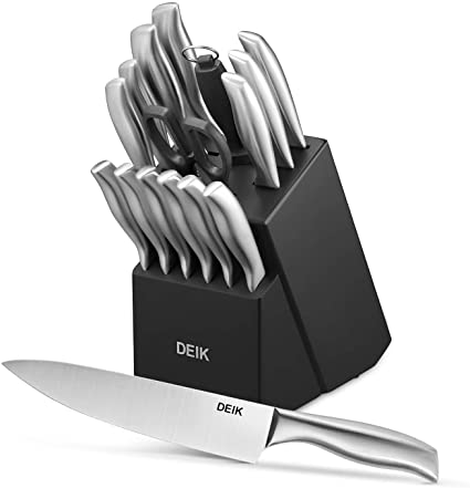 Kitchen Knife Set, Deik 16 Pieces Knife Set with Wooden Block, Including Chef Knife, Carving Knife, Santoku Knife, Bread Knife, Utility Knife, Steak Knife, Paring Knife, Scissors and Sharpener