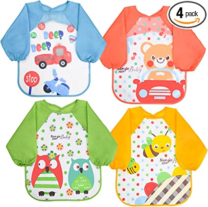 Vicloon Bibs with Sleeves, 4 Pcs EVA Baby Bib Waterproof Long Sleeve Bib Unisex Feeding Bibs Apron Lovely Cute Cartoon Bibs for Infant Toddler 6 Months to 3 Years Old