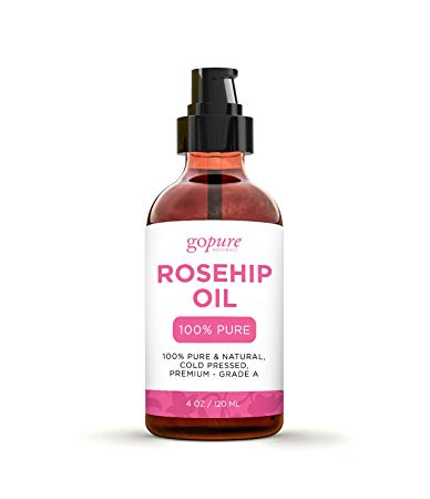 GoPure Naturals 100% Pure Organic Rosehip Oil for Face, Skin, Nails & Hair, 4 fl. oz. with Dropper