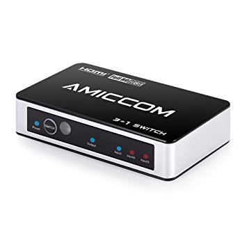 AMICCOM HDMI Switch, Premium 3 Port High Speed HDMI Switcher Box with IR Wireless Remote & AC Power Adapter - Supports 1080P and 3D Videos & DTS Audio Codecs (3 port)