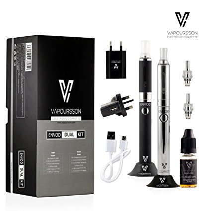 Vapoursson Envod DUAL KIT | Electronic Cigarette Starter kit | 2 X Micro USB Rechargeable Battery with Cloud Clearomizer | 10ml Tobacco Liquid | 2 X Silicon Holder | 2 X Coils | UK Wall Plug | Nicotine Free| E Shisha | Premium Vaping