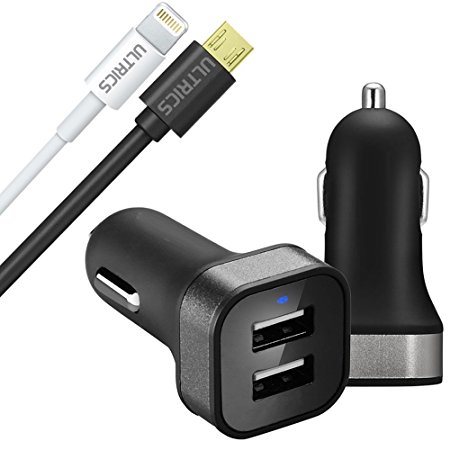 ULTRICS® Dual USB Car Charger With USB MICRO Cable, Electric Cigarette In Car Charger for iPhone 5 / 5S / 6 / 6S / 7 Plus and Samsung Galaxy S8 Edge Plus Note 5 4 S5 Tab S, LG G4, HTC One M9, Nexus 5X 6P 5, iPads Portable (Comes with two free cables)