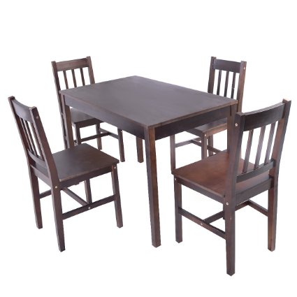 Giantex 5PCS Solid Pine Wood Dining Set Table and 4 Chairs Home Kitchen Furniture Brown