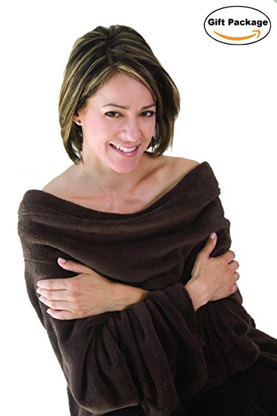 Napa Lounging Super Soft Microplush Fleece Blanket with Sleeves And Pockets Soft Home Adults Throw Robe, Brown