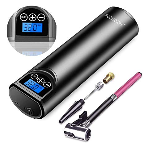 Rotibox Portable Air Compressor Mini Tyre Inflator Hand Held Tire Pump 2000mAh with Digital LCD LED Light Rechargeable Li-ion Battery 150PSI 15L/Min for Car Bicycle Tires and Other Inflatables Black