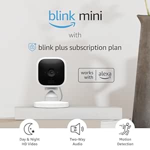 Blink Mini With 1-Year Subscription – Compact indoor plug-in smart security camera, 1080p HD video, night vision, motion detection, two-way audio, Works with Alexa – 2 cameras (White)