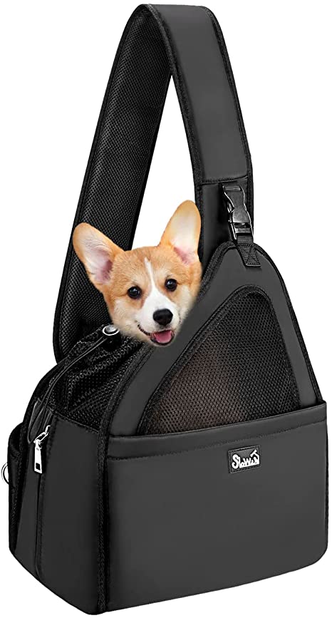 AUTOWT Small Dog Sling, Hands Free Cats Pet Puppy Travel Carrier Bag Tote Adjustable Padded Strap Breathable Mesh Hard Bottom Support Drawstring Opening with Safety Belt (for Pet Up to 12 lbs, Black)