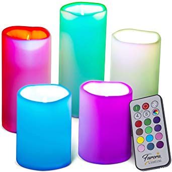 Furora LIGHTING Flameless LED Pillar Candles Battery Operated Multicolor Pillars with Flickering Flame, 18-Key Remote Control and Timer Featured - Pack of 5