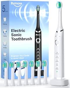 Bymore Electric Toothbrush for Adults,Travel Sonic Toothbrush with 8 Replacement Heads, Ultra Clean Rechargeable Toothbrush Portable One Charge for 330days 5 Modes 2mins Timer-White