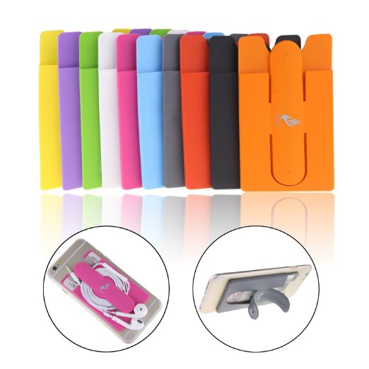 10pcs Mix Color Universal Silicone Stick on Credit Card Holder with Phone Stand - Fits Apple Iphone 6, 6 Plus, 5s, 5, 4,sony Xperia Z3, Samsung Galaxy S5, S4, S3, Note 3, 2, 1, Ipod Touch