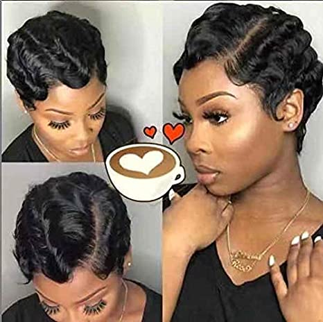 BLISSHAIR Short Finger Wave Curly Wigs for Women African American Pixie Cut Wig 100% Brazilian Human Hair Short Curly Wig Fashion Style Natural Black
