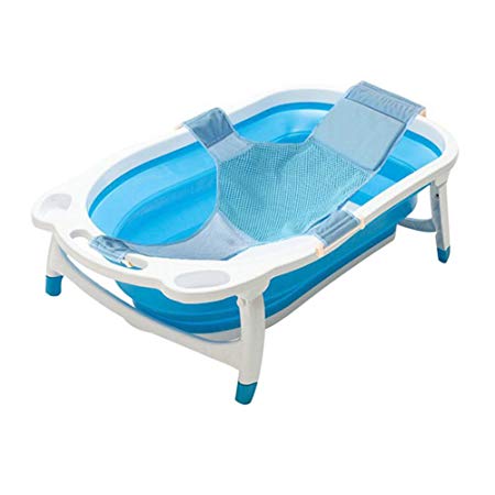 Kidsmile Baby Bathtub Portable Collapsible Bathing Tub with Non-Slip Mat, Foldable Shower Basin with Infant Sling, Comfort Folding Baby Bathtub, Deluxe Newborn To Toddler Tub, Blue