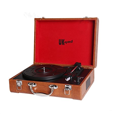 UKayed ® Brown Turntable Leather Briefcase Style Record Player Bluetooth Three-Speed Portable Vinyl Turn table with Built-In Stereo Speakers Rechargable & Portable (Brown)