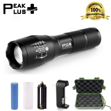 #1 Top Rated PeakPlus Brightest LED Tactical Flashlight CREE XML T6-Zoomable Adjustable Focus-5 Modes 1000 Lumens-Water Resistant Outdoor Torch. Rechargeable 18650 Lithium Ion Battery and Charger