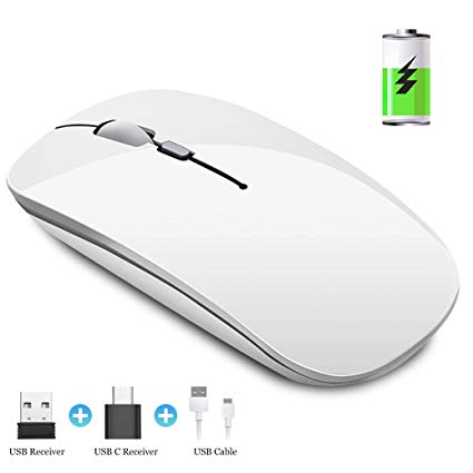 CALOCAA Wireless Rechargeable Mouse for Notebook PC 2.4G Optical Mute Computer Mouse Level 3 Adjustable DPI Hidden USB Receiver with C-Adapter White Mouse for Teen Men and Women Mini Mouse, PC Mouse