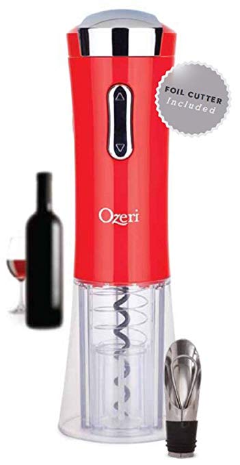 Ozeri Nouveaux II Electric Wine Opener in Red, with Free Foil Cutter, Wine Pourer and Stopper