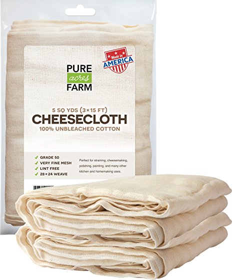 Cheesecloth - 45 Sq Feet: Grade 50 - 100% Unbleached Cotton - Filter - Strain - Reusable (5 Yards, 50 Weight)