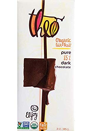 Theo Chocolate, Pure 85% Dark Chocolate Bar, Organic Cacao, 3 Ounce Bar, 6 Pack