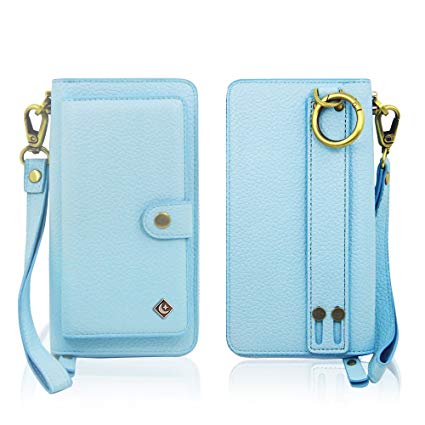 iPhone 7 Plus Wallet Case - JAZ Zipper Purse Detachable Magnetic14 Card Slots Money Pocket Clutch Leather Wallet Case for Apple iPhone 8 Plus/iPhone 7 Plus Sky Blue