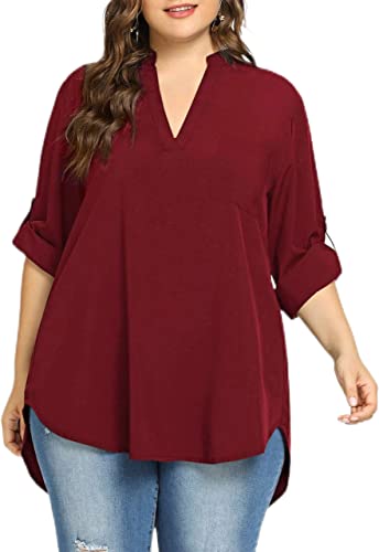 Milumia Women's Plus Size Notch V Neck Work Blouses Half Sleeve High Low Loose Top