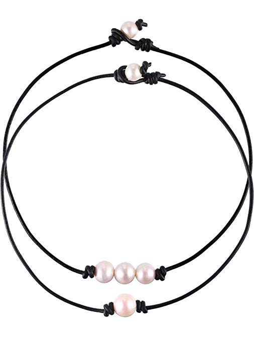 Tatuo 2 Pieces Single Freshwater Pearl Necklace and 3 Freshwater Pearl Beads Choker on Black Leather Cord for Girls Women